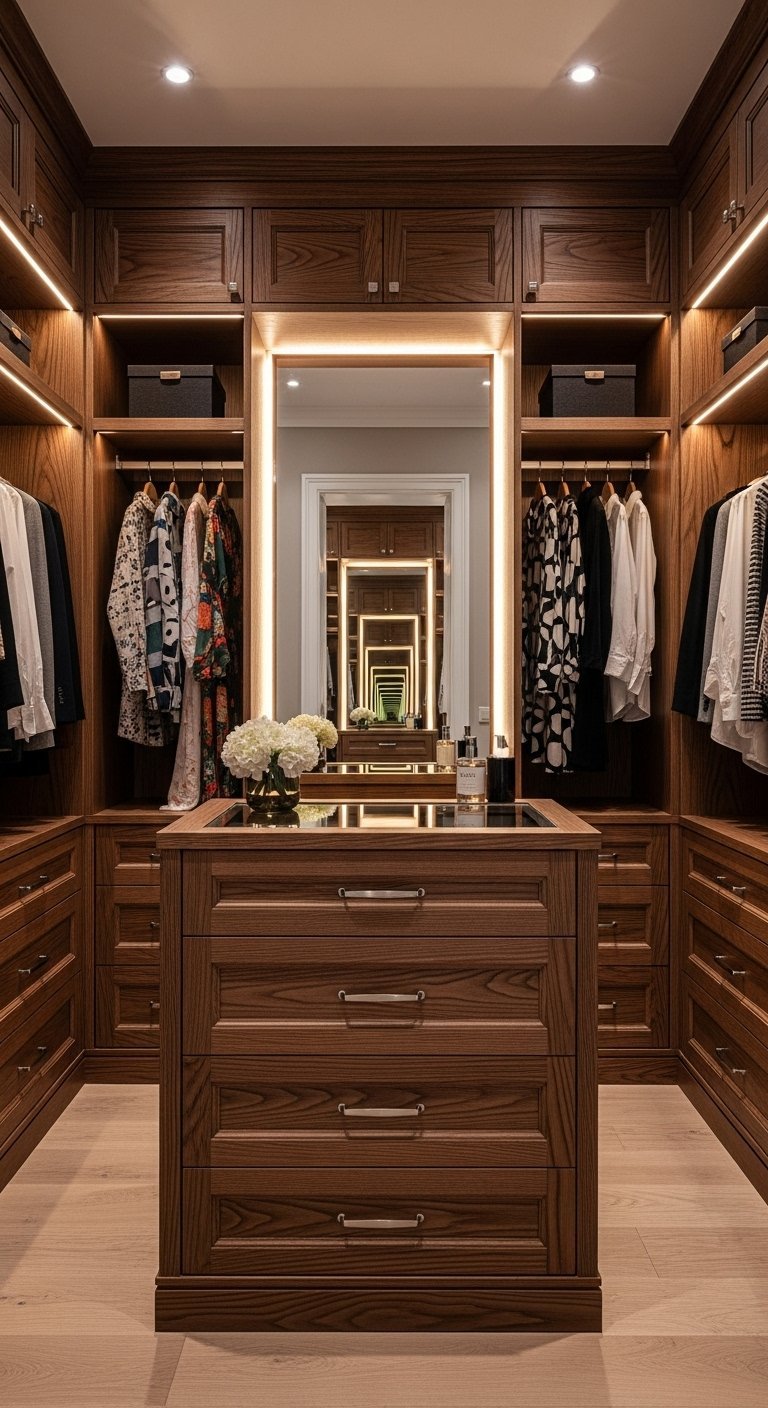 Dressing classique en bois de noyer avec îlot central et miroir infini