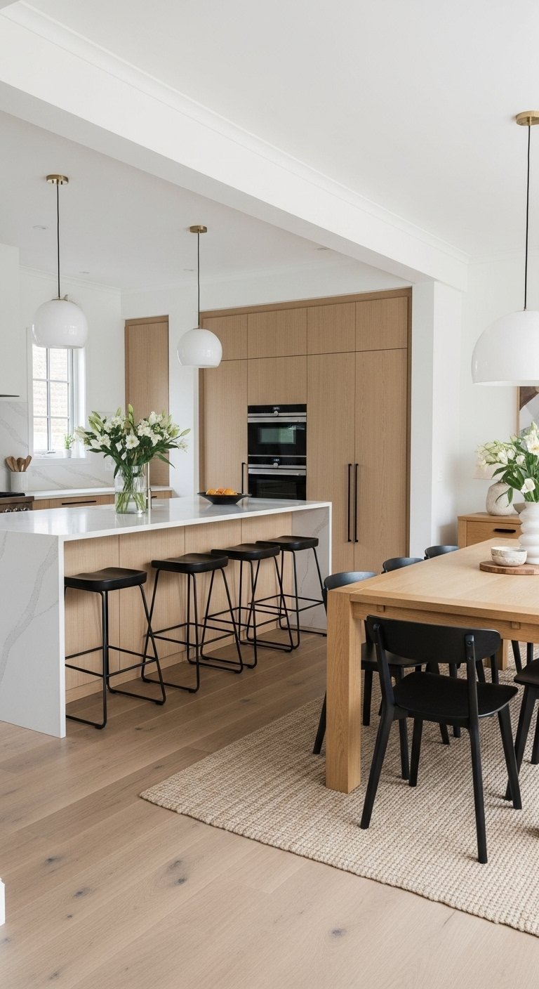 Grand îlot de cuisine blanc avec des tabourets noirs servant de séparation fonctionnelle