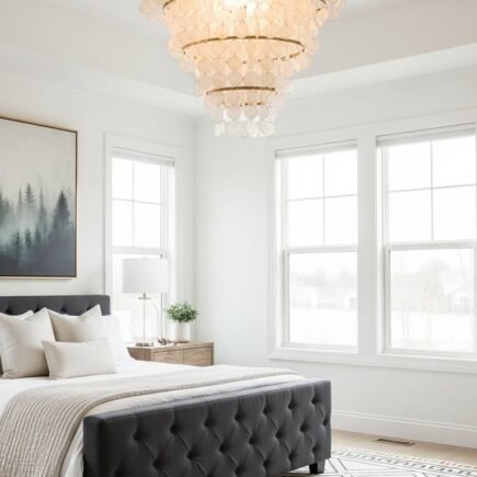 Grand lustre en cascade de nacre blanche dans une chambre lumineuse