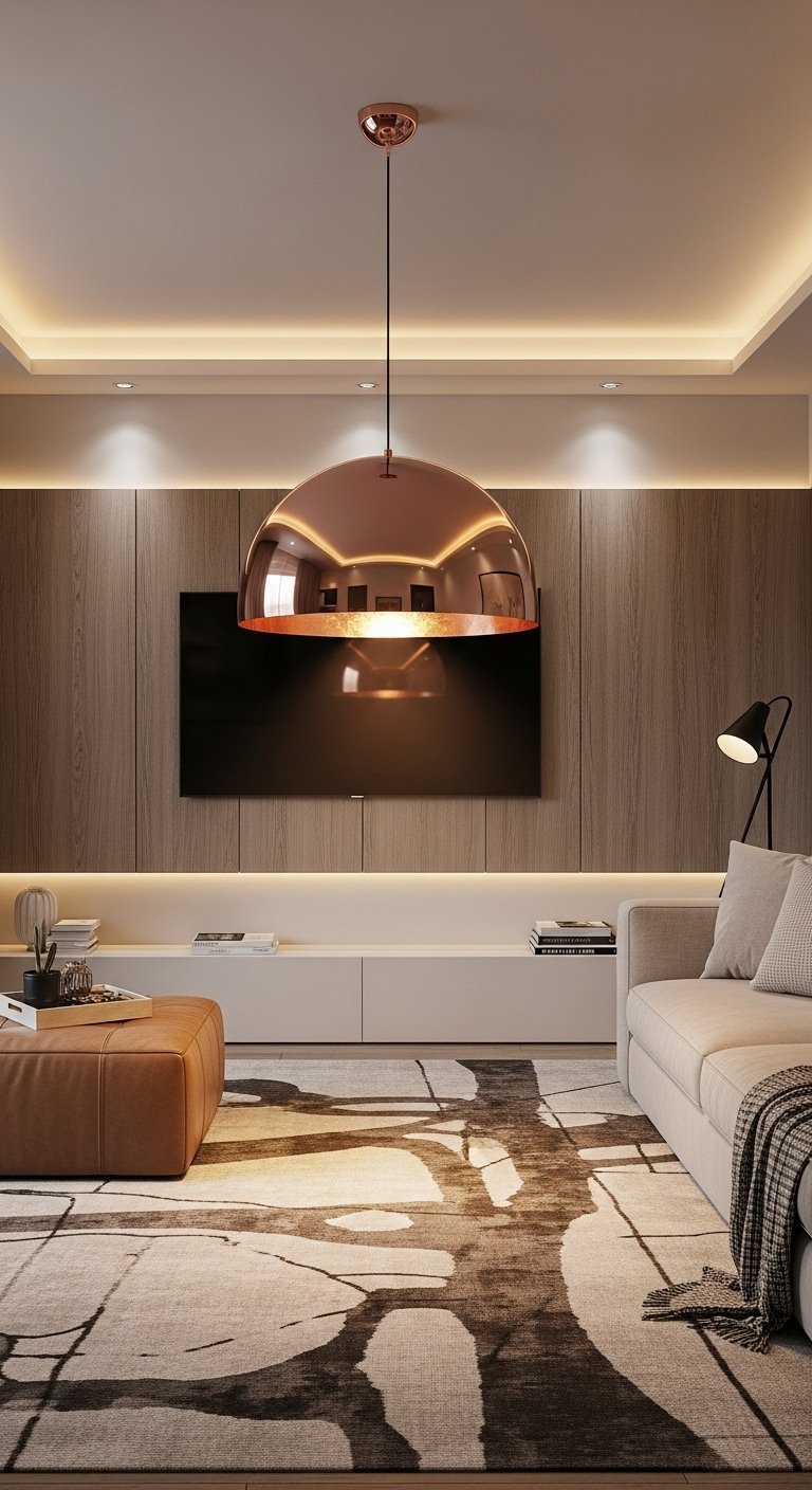 Grande suspension dôme en cuivre au dessus d un meuble TV