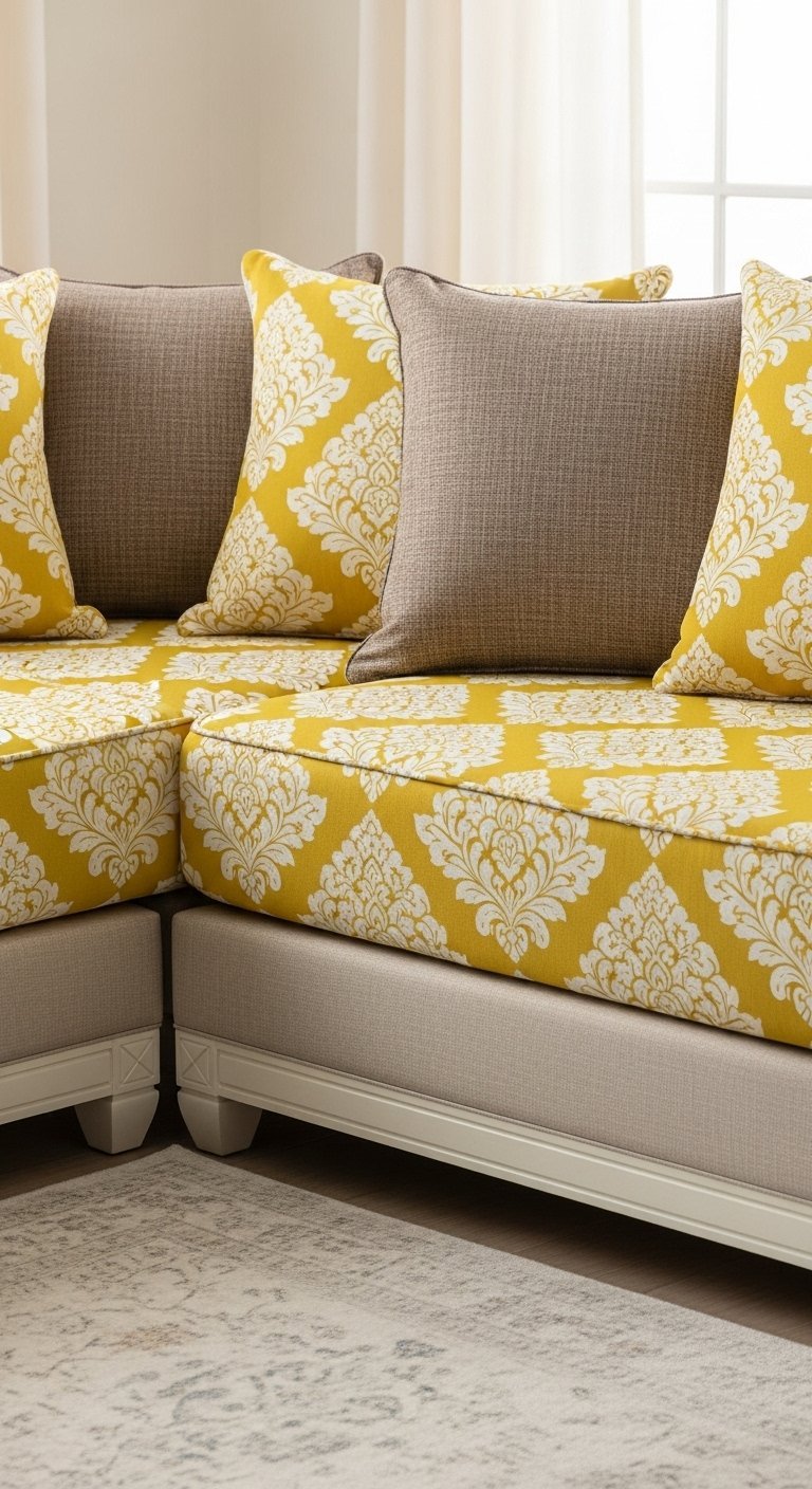 Gros plan sur un canapé en tissu jaune à motifs blancs