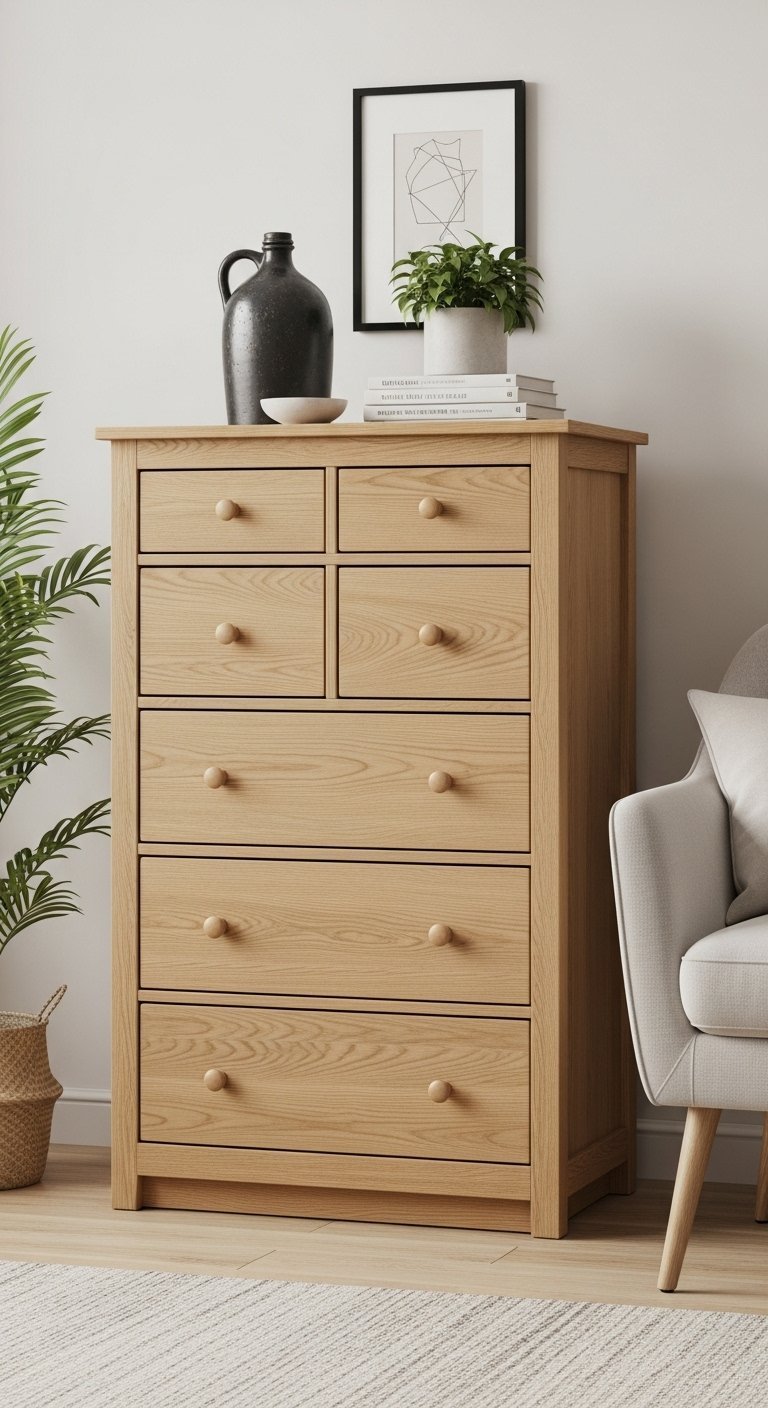 Haute commode en chêne clair avec sept tiroirs et poignées boutons