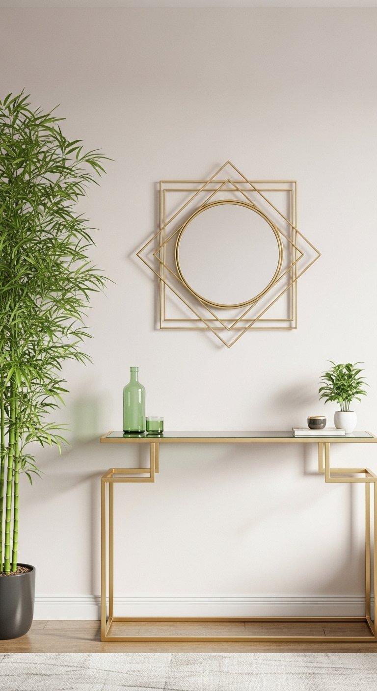 Miroir mural art déco doré à forme géométrique au dessus d une console en verre