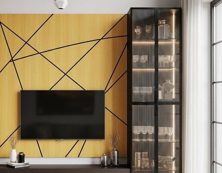Mur TV design avec panneau jaune et lignes graphiques noires