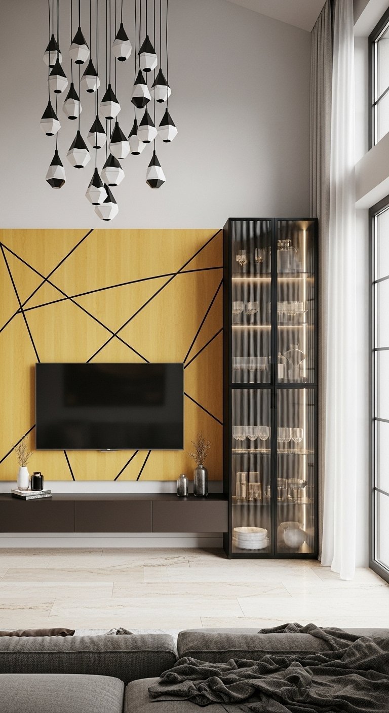 Mur TV design avec panneau jaune et lignes graphiques noires