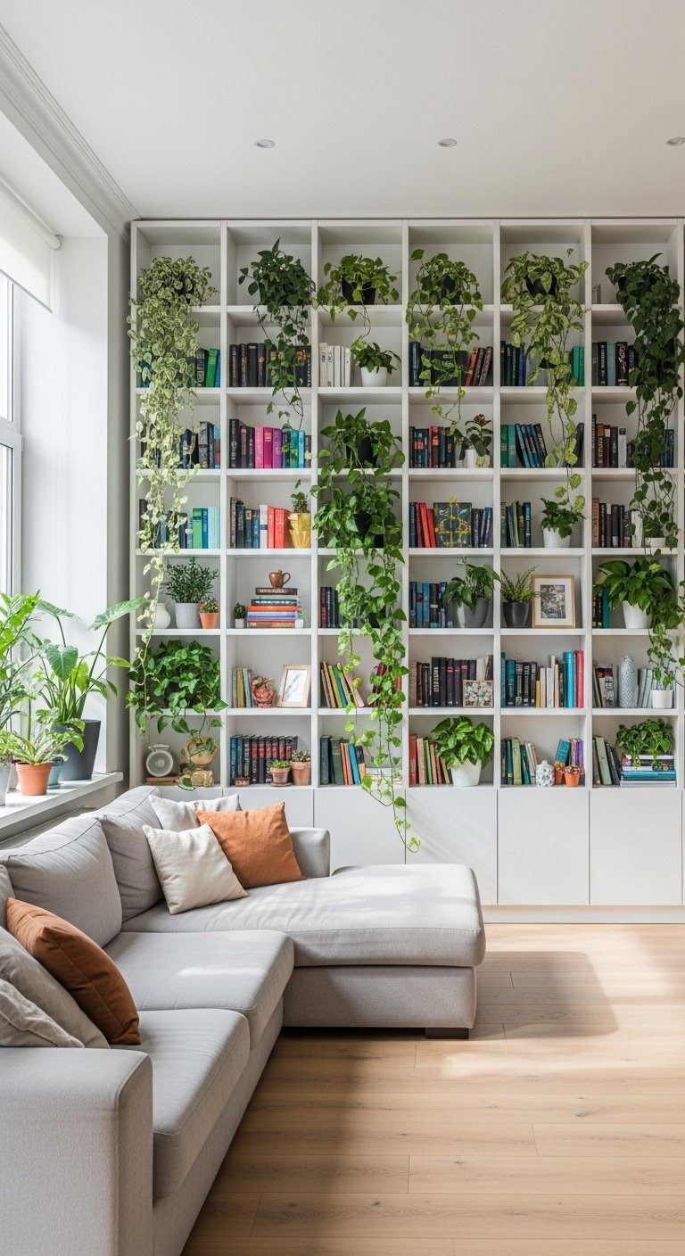 Mur complet de bibliothèque blanche rempli de livres et de plantes vertes luxuriantes