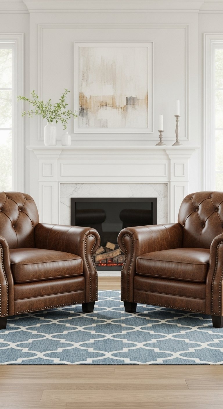 Paire de fauteuils club en cuir marron capitonné devant une cheminée moderne
