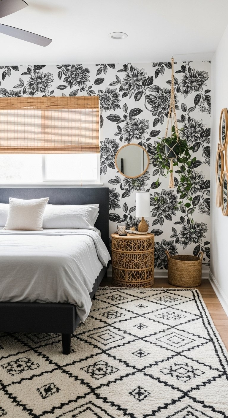 Papier peint floral noir et blanc a grandes fleurs dans une chambre boheme