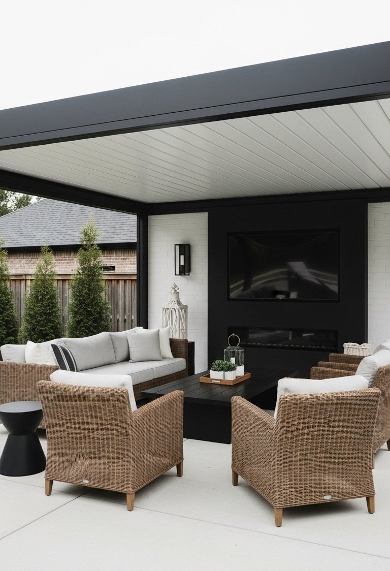 Pergola avec toit plein blanc abritant un salon extérieur avec télé et foyer