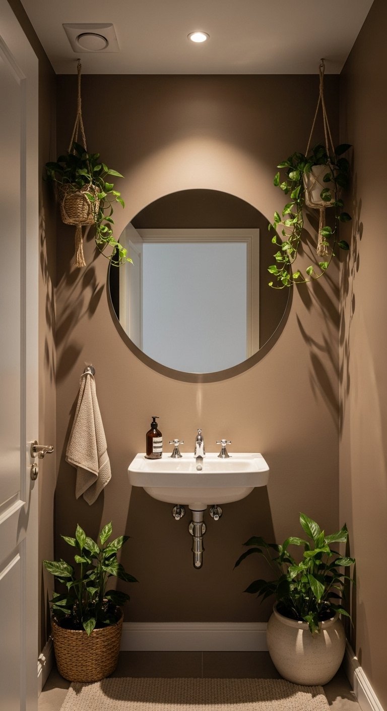 Petit cabinet de toilette avec murs taupe et lavabo suspendu