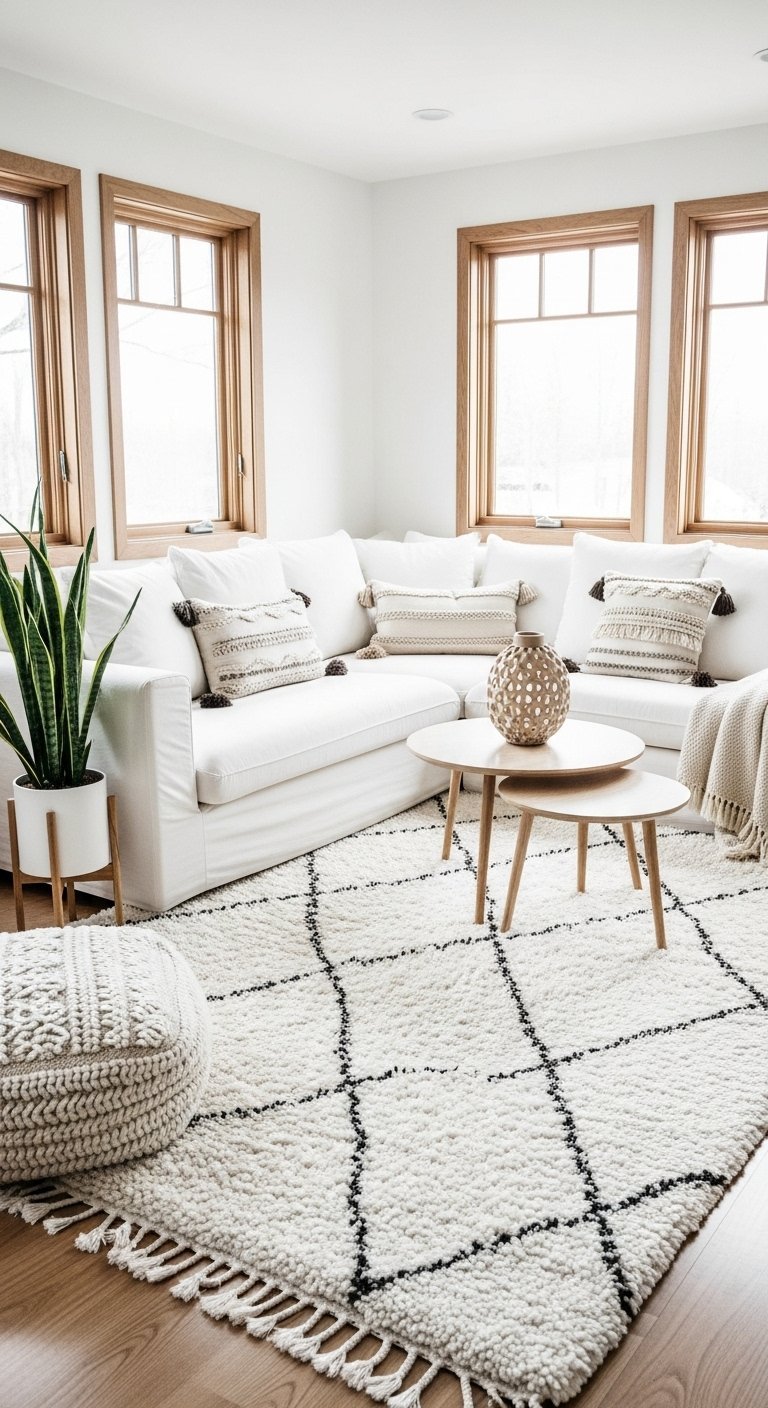Petit salon scandinave avec canapé d angle blanc et tapis berbère