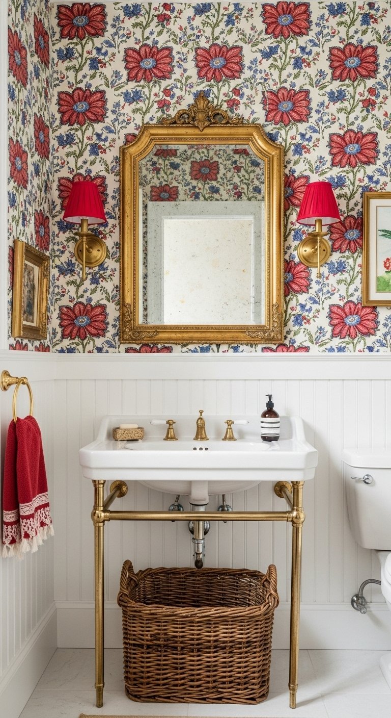 Petite salle de bain maximaliste avec papier peint floral rouge et bleu