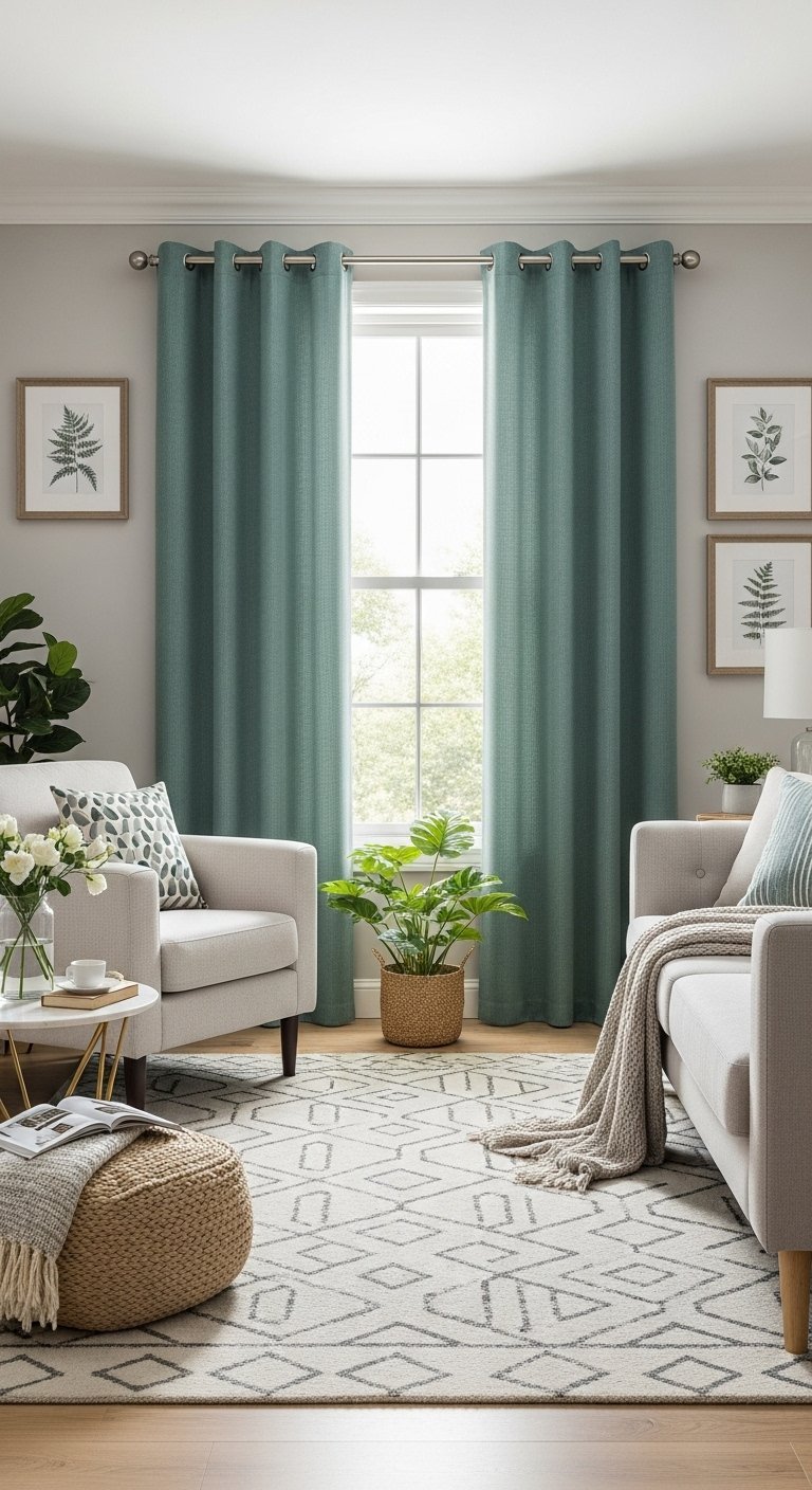 Rideaux simples de couleur bleu vert texturé dans un salon moderne et épuré