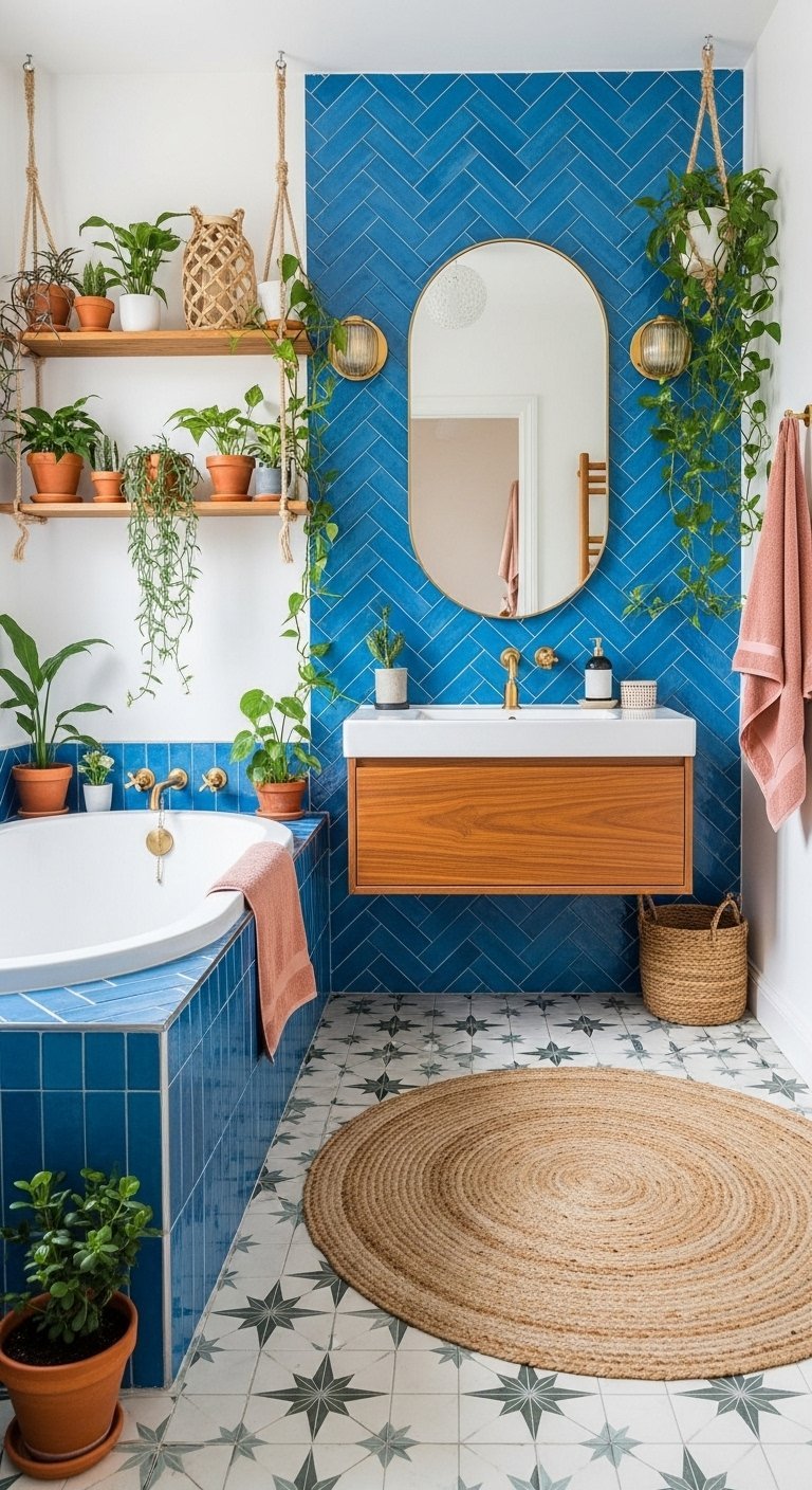 Salle de bain boheme avec carrelage bleu chevron et plantes suspendues