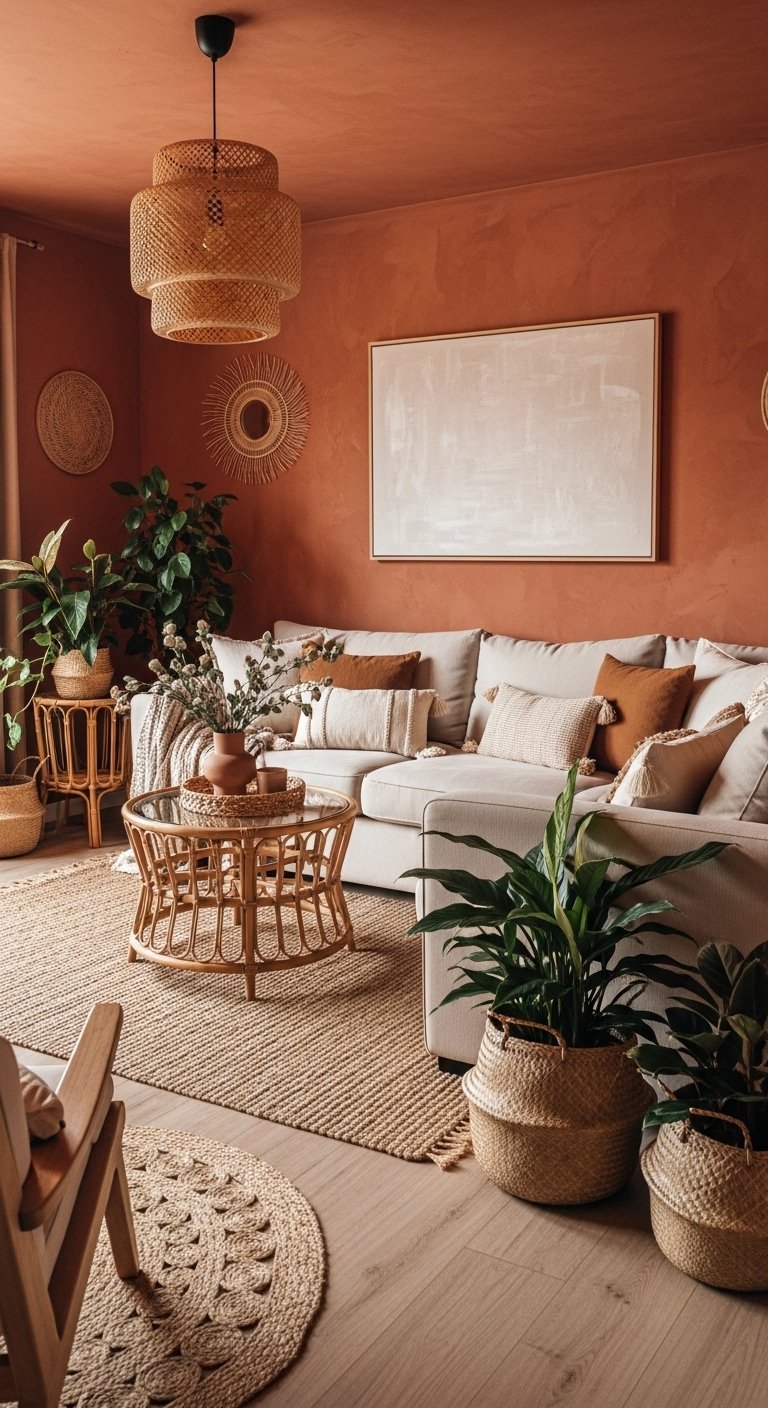Salon boheme avec murs et plafond peints en terracotta