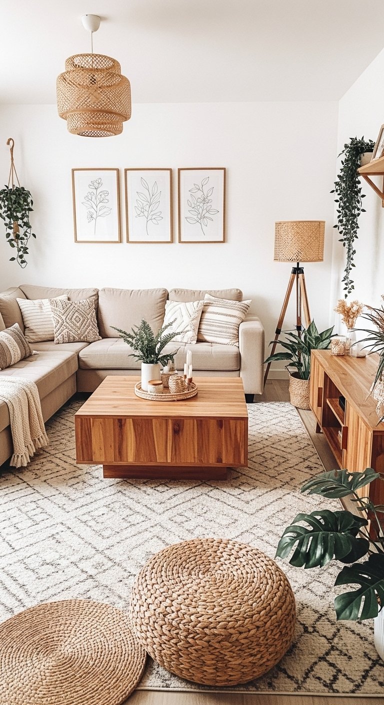 Salon boheme de style scandinave avec canape beige et table basse en bois