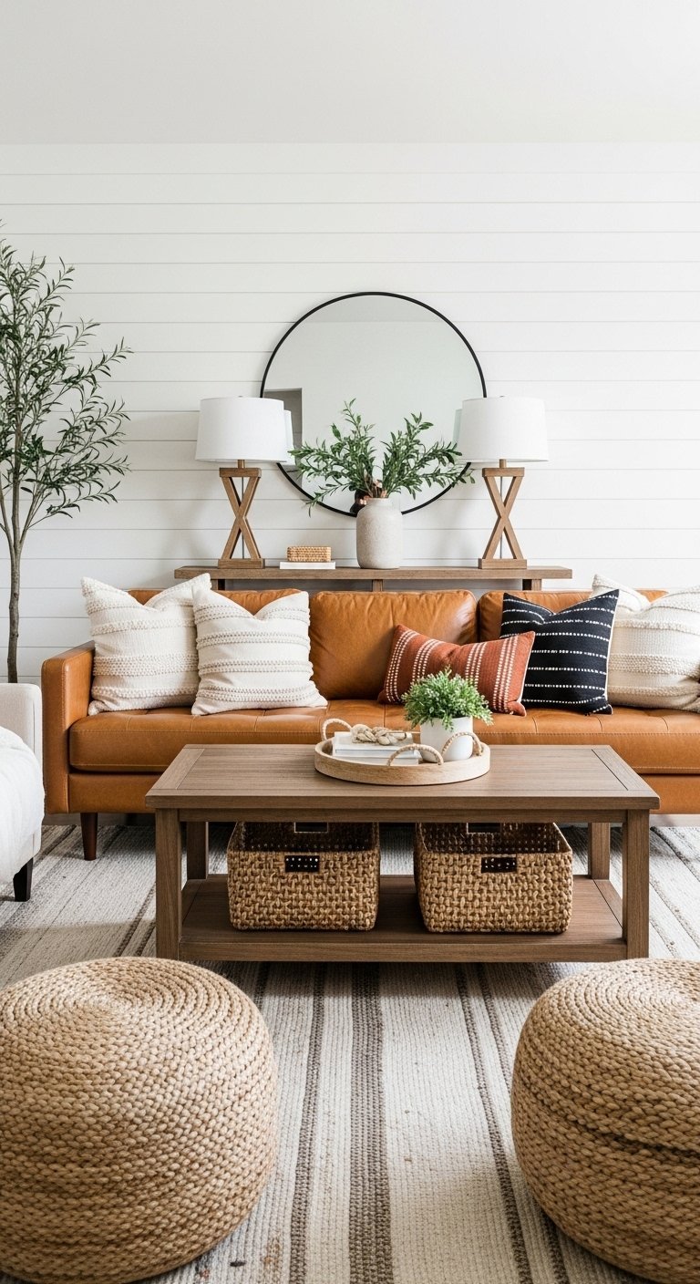 Salon campagne chic moderne avec canape en cuir camel et mur shiplap