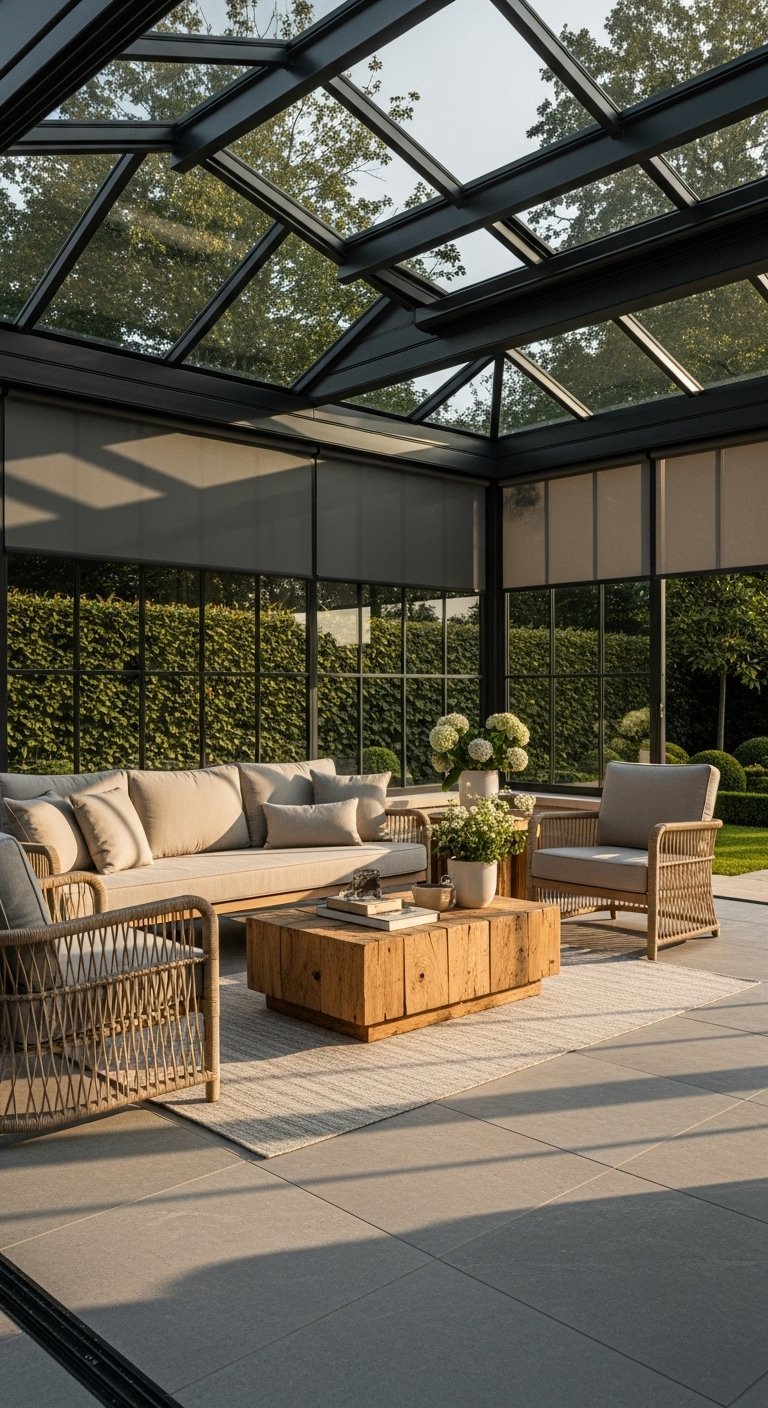 Salon de véranda chic avec mobilier en bois et rotin aux tons neutres