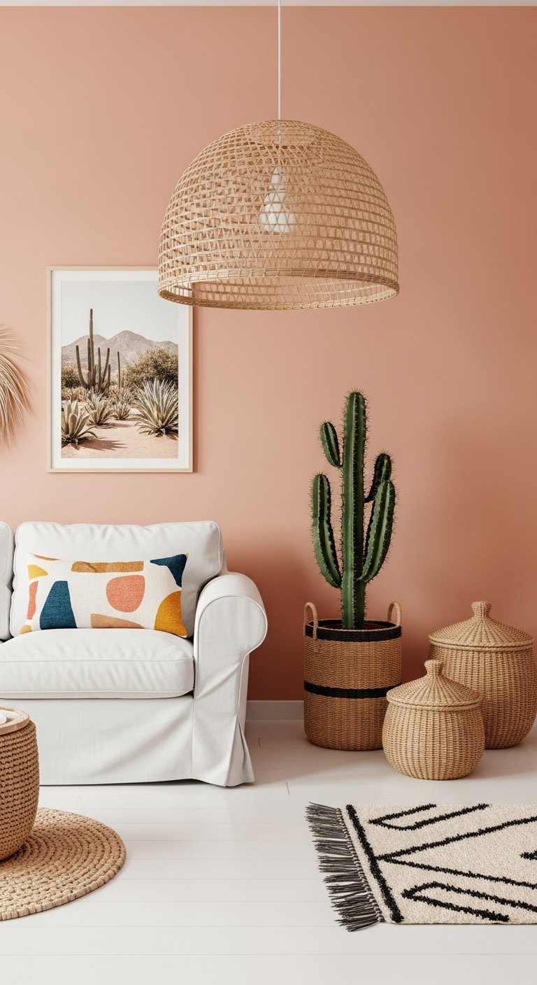 Salon desert chic avec mur terracotta clair canape blanc et accessoires en rotin