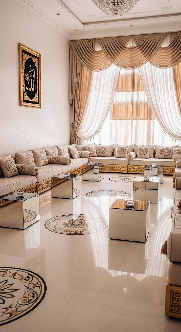 Salon marocain moderne et lumineux avec sedari beige et tables miroitées