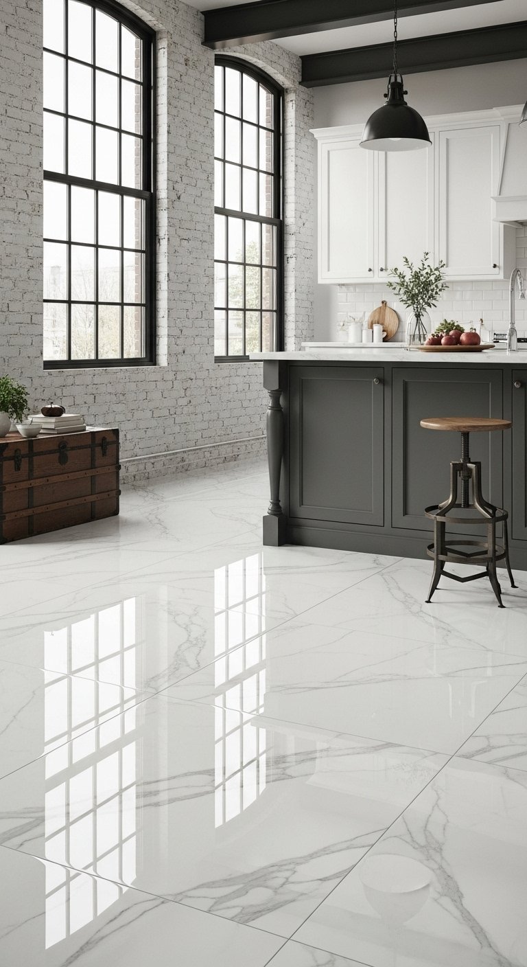 Sol en carrelage effet marbre blanc poli dans une cuisine style industriel