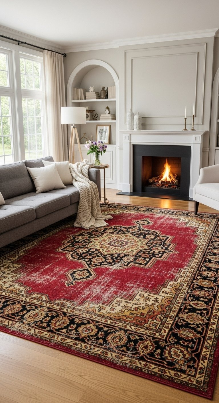 Tapis de salon rouge de style oriental vieilli devant une cheminée classique