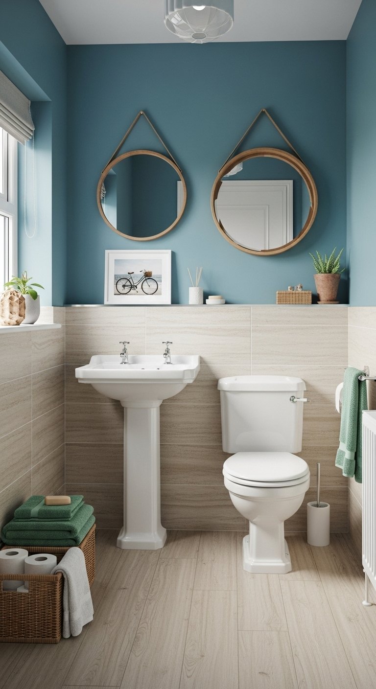 WC de style côtier avec mur bleu gris et deux miroirs ronds en bois