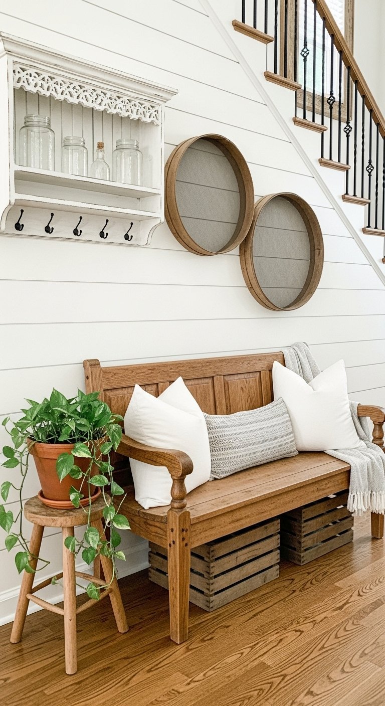 Banc en bois rustique dans une entree campagne chic avec mur shiplap