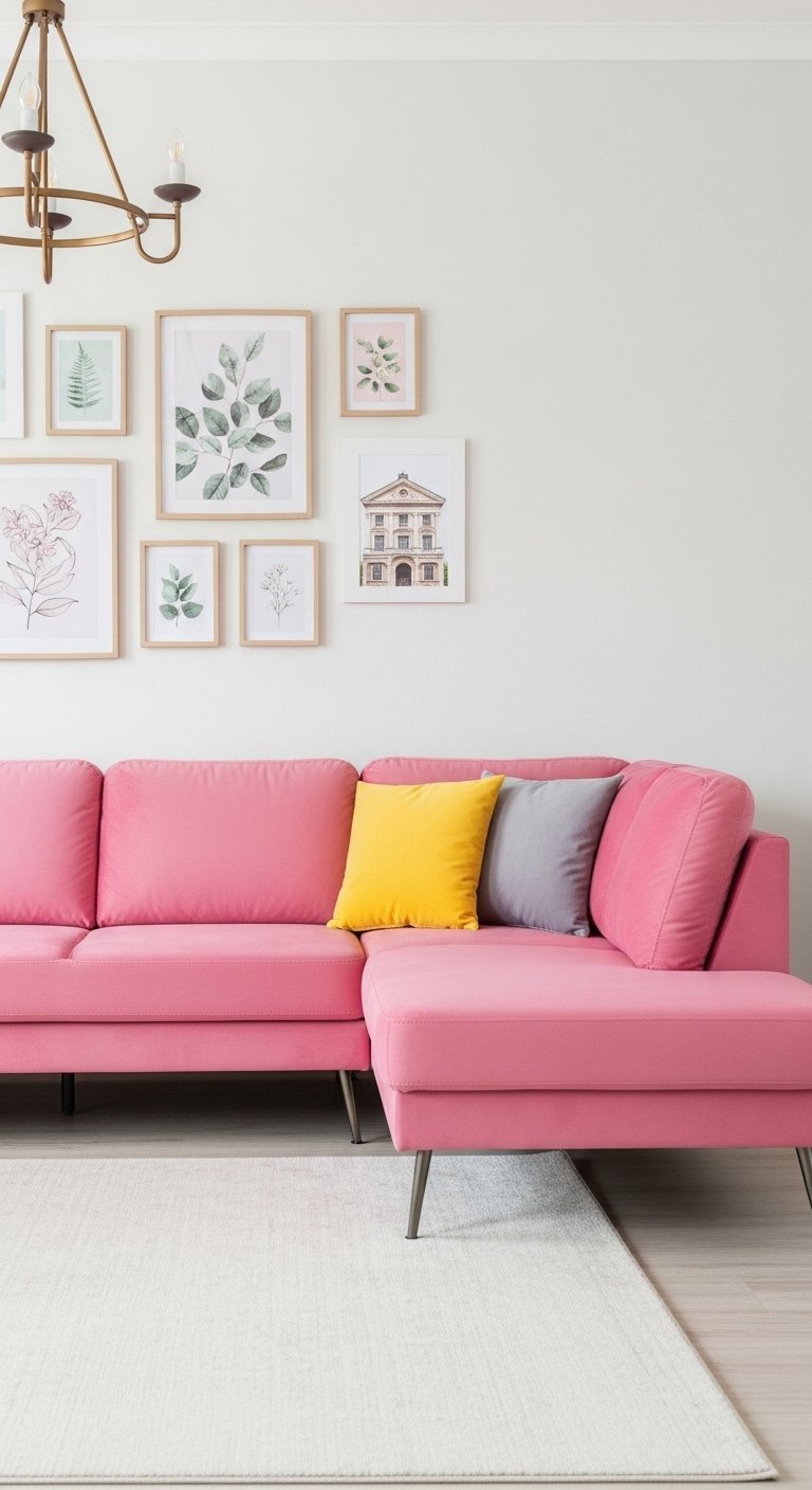 Canapé d angle rose avec coussins colorés et mur de cadres botaniques