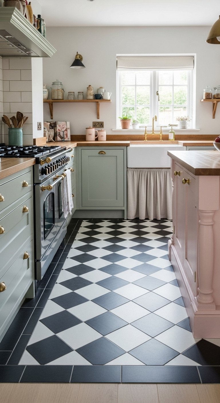Carrelage de sol en damier noir et blanc dans une cuisine style campagne