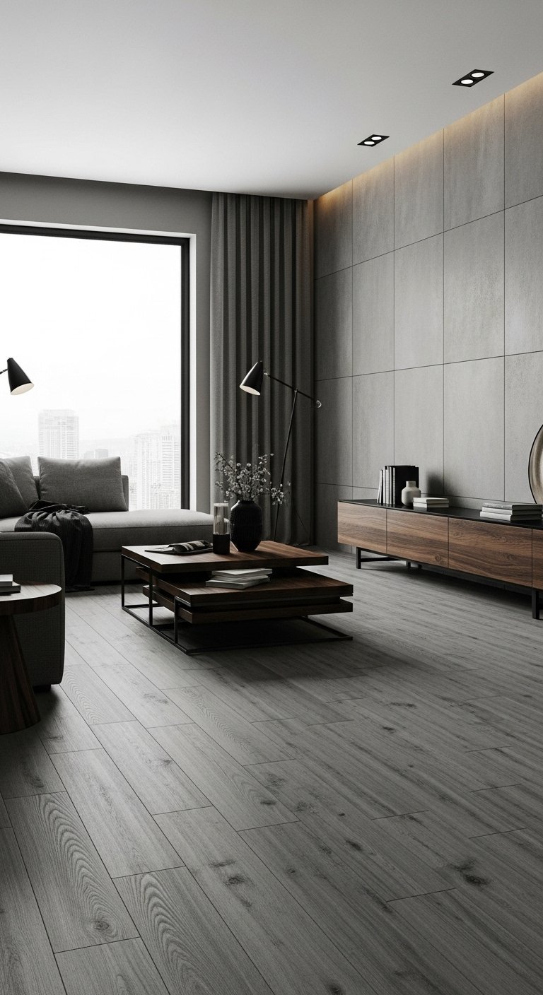 Carrelage salon imitation bois gris dans un intérieur minimaliste avec mur effet béton