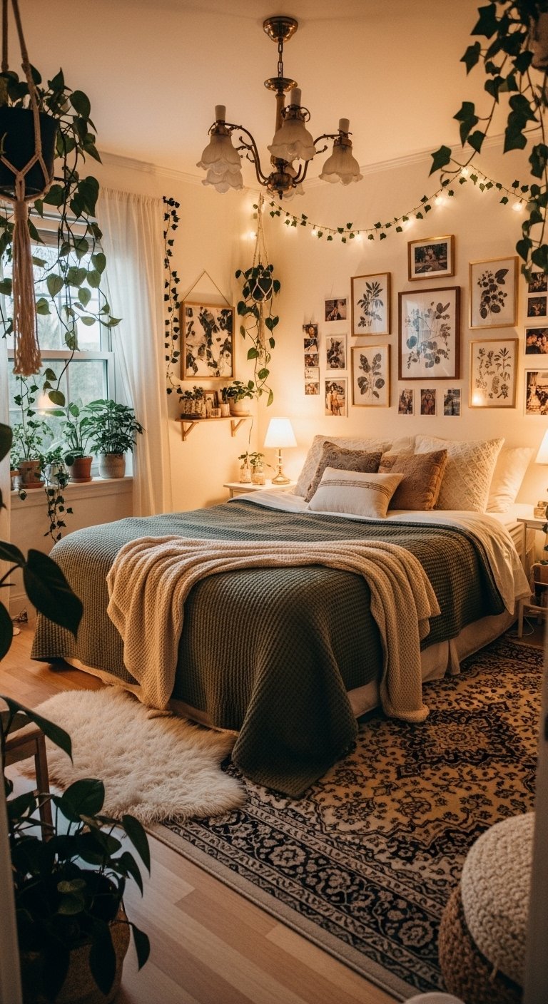 Chambre aesthetic avec de nombreuses plantes vertes et un mur de cadres