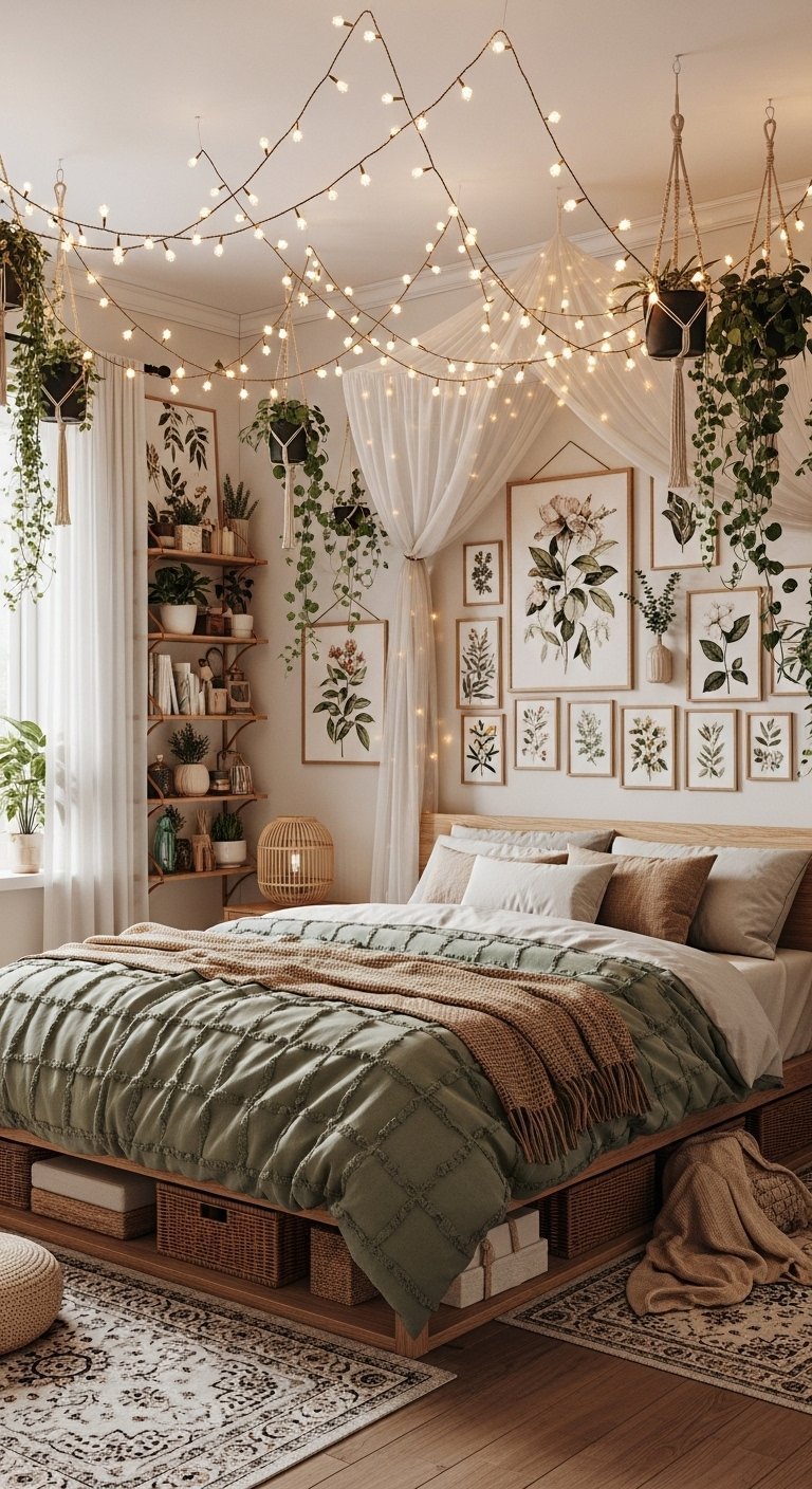 Chambre avec guirlandes lumineuses et nombreux cadres botaniques