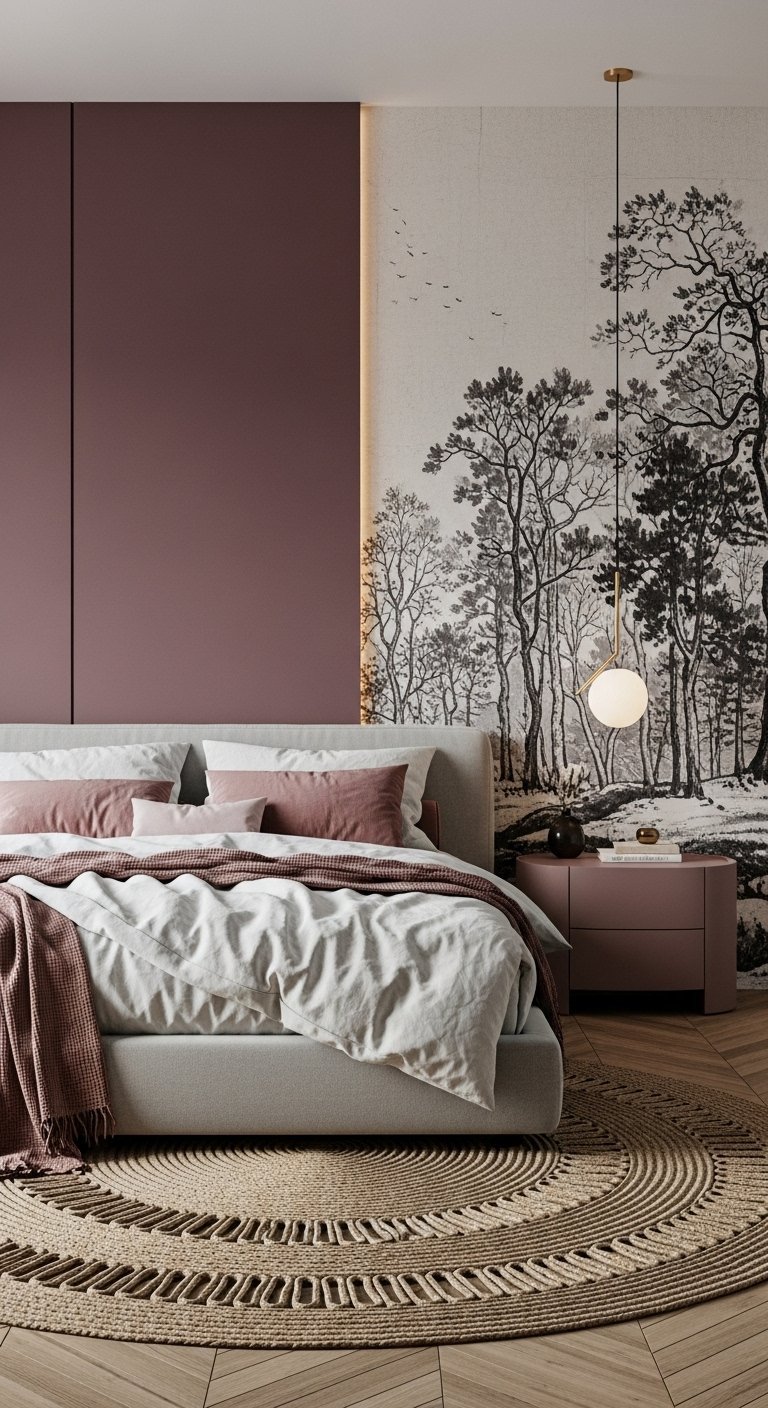 Chambre avec mur d accent mauve et papier peint forêt