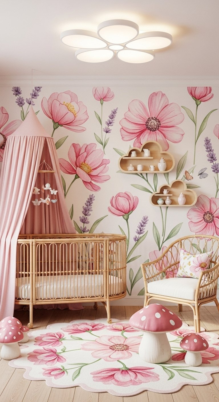 Chambre bébé avec papier peint floral rose et lit en rotin