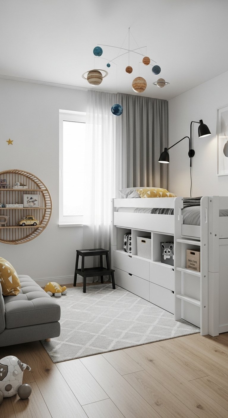 Chambre de garçon avec lit mezzanine blanc et petit canapé gris