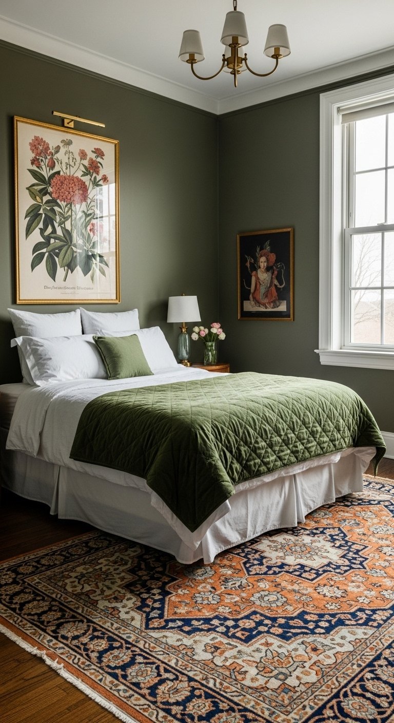 Chambre élégante avec murs vert olive et tapis oriental coloré sur parquet