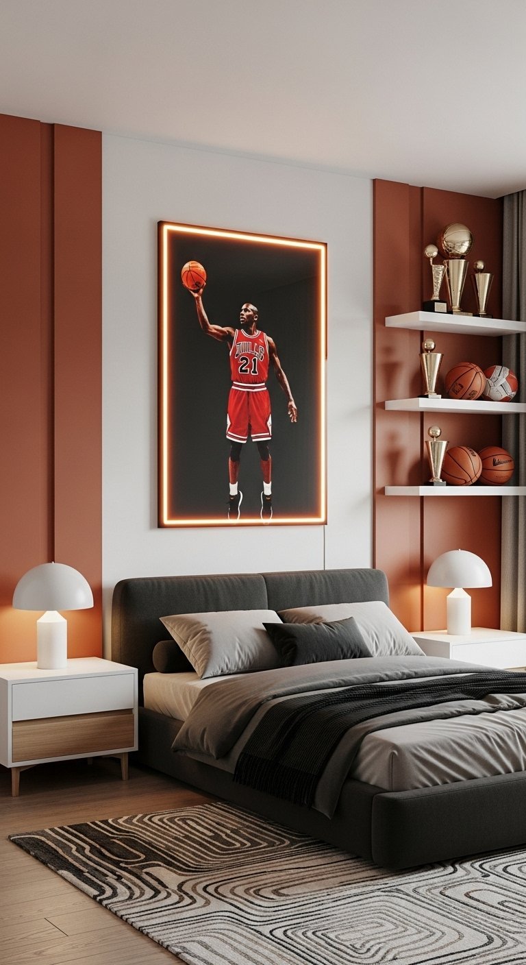 Chambre garcon moderne theme basketball avec poster neon Michael Jordan