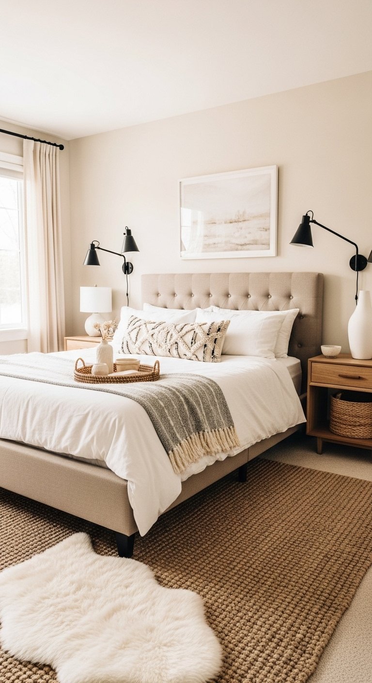 Chambre moderne beige et creme avec appliques murales noires et tapis en jute