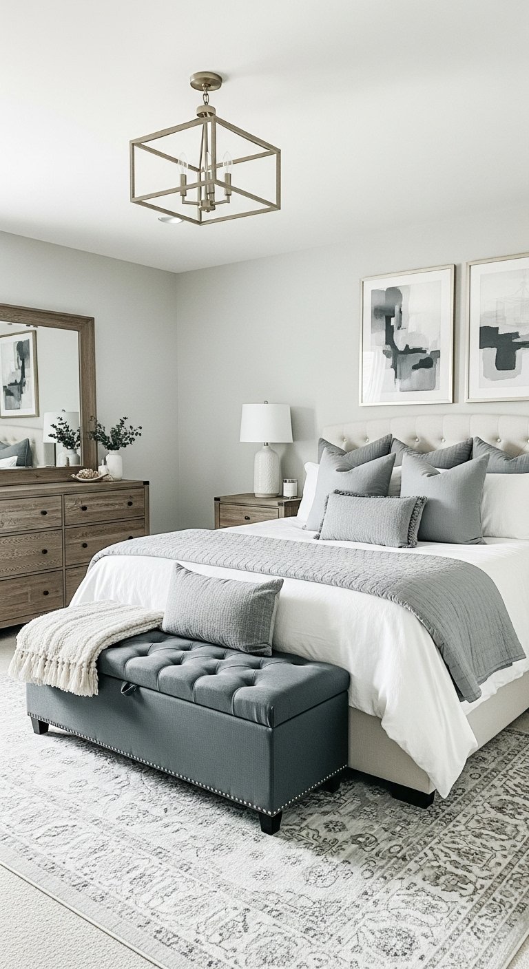 Chambre parentale élégante avec camaïeu de gris et banc de rangement