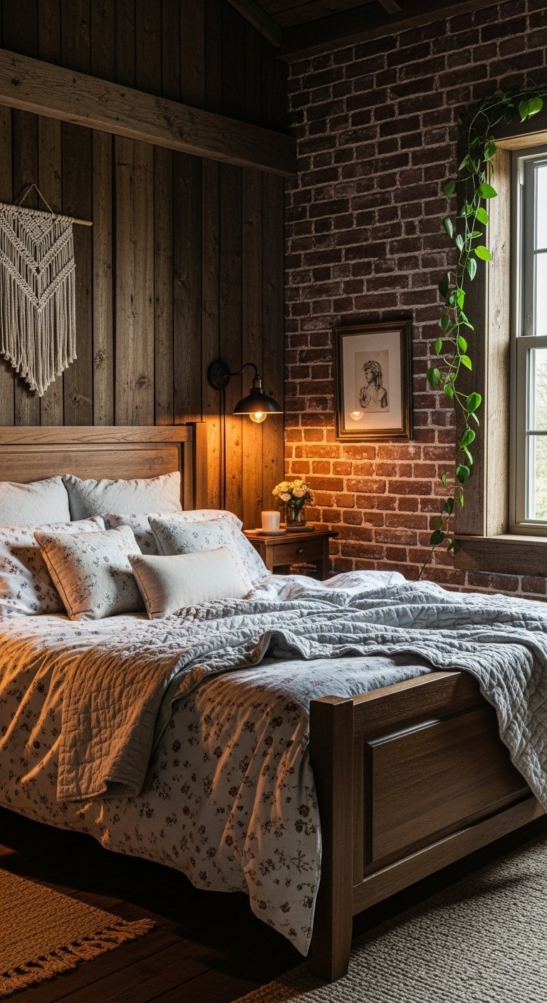 Chambre rustique sombre avec mur en briques et lambris bois