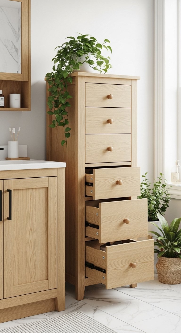 Commode verticale haute en bois de chêne clair avec plusieurs tiroirs ouverts