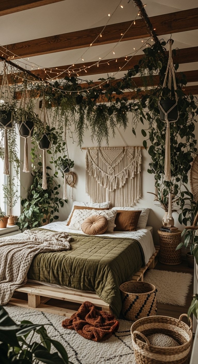 Décoration chambre femme de style bohème avec de nombreuses plantes suspendues
