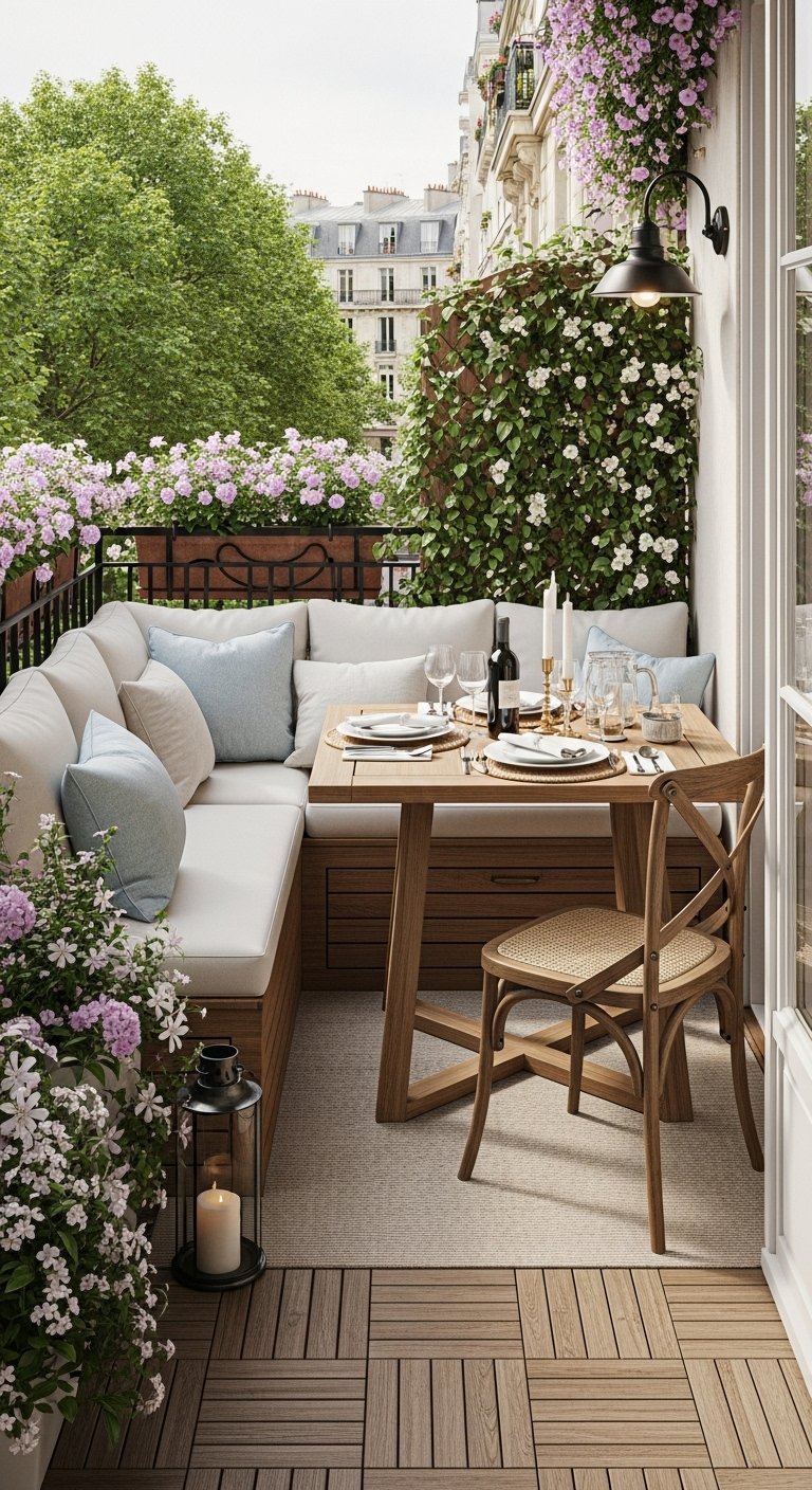 Decoration petit balcon parisien avec banquette dangle en bois et table a manger