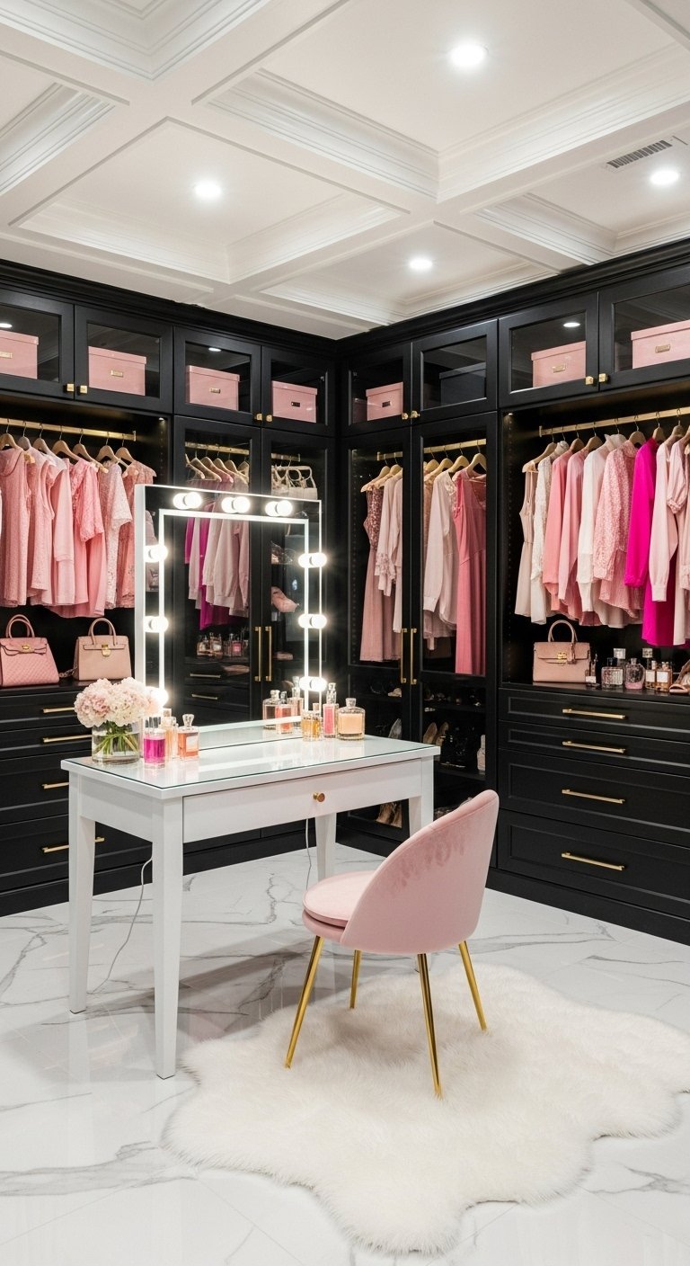 Dressing noir et rose avec coiffeuse blanche et miroir lumineux