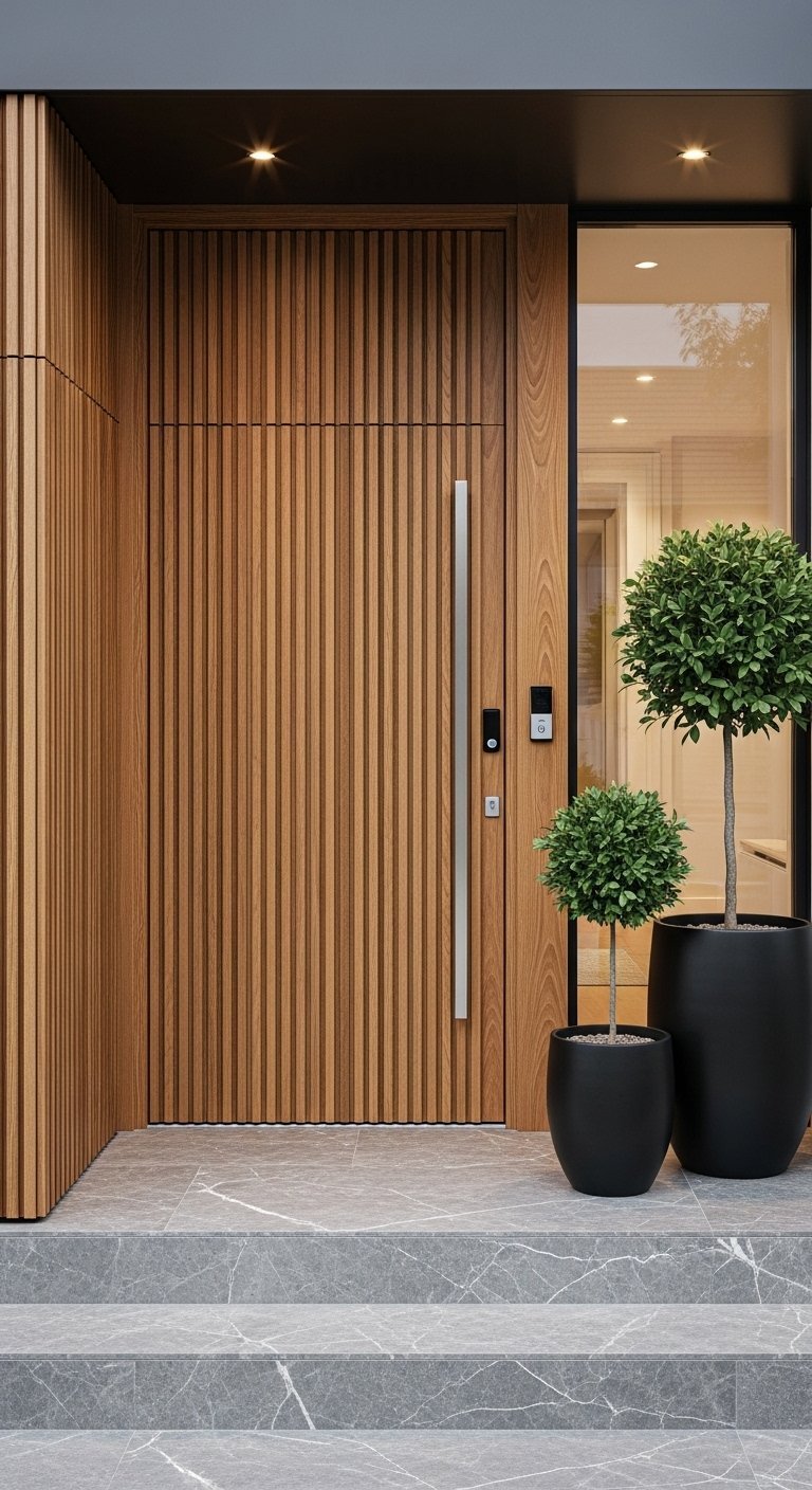 Entree de maison exterieure design avec eclairage LED et porte pivotante
