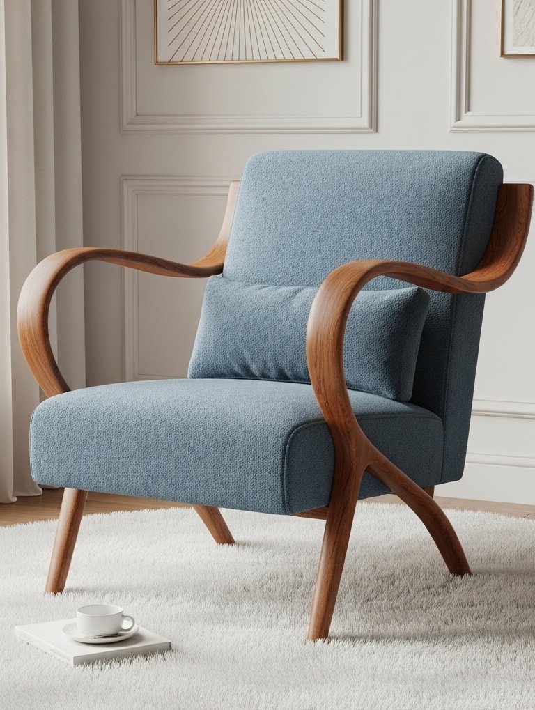 Fauteuil de salon en tissu bleu avec une structure et des accoudoirs en bois sculpté