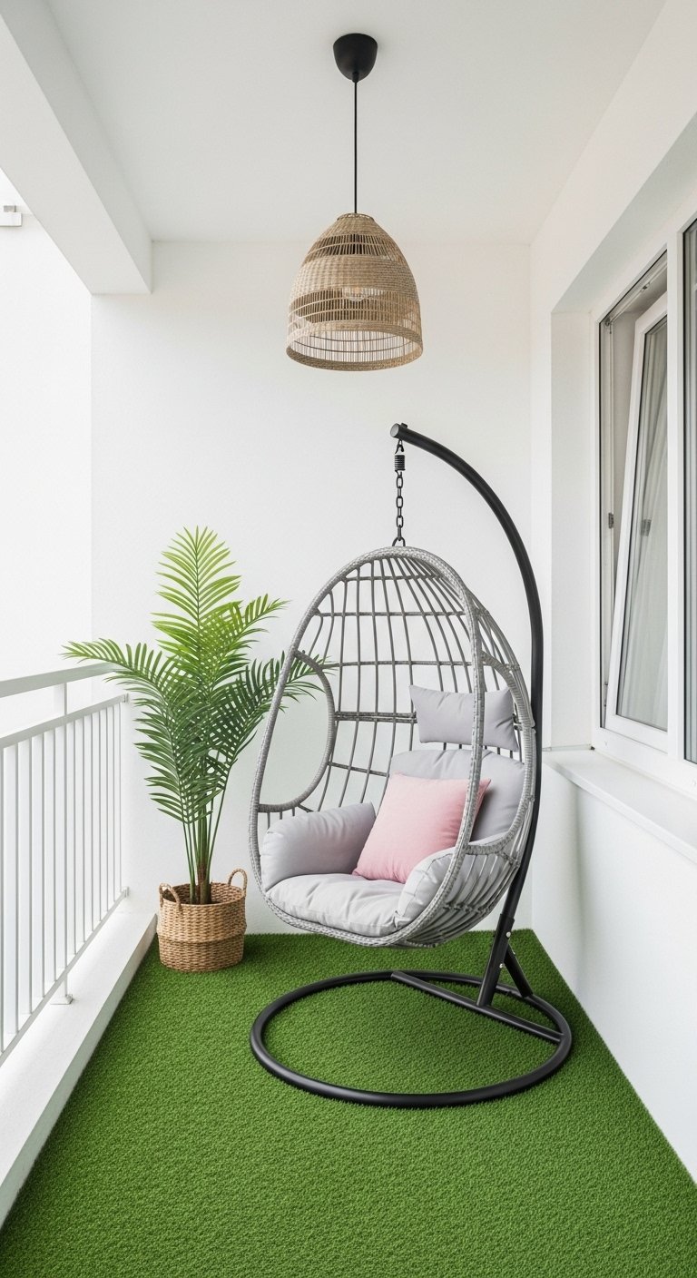 Fauteuil suspendu gris sur un balcon minimaliste avec gazon artificiel et plante en pot