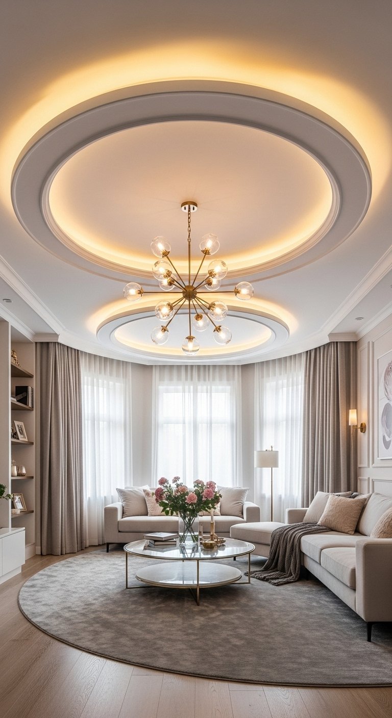 Faux plafond circulaire avec éclairage indirect et lustre moderne doré