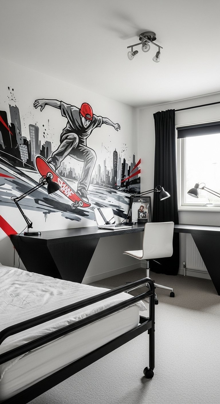 Fresque murale de skateboard de style street art au dessus d un bureau noir